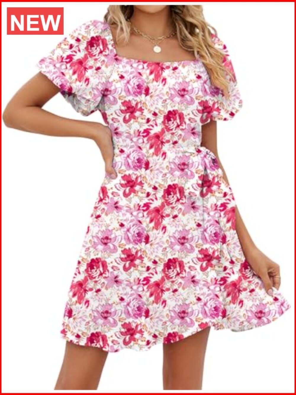 Summer Dress Square Neck Puff Sleeve Tie Waist 100% Polyester - Picture 2 of 4
